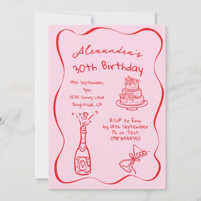 Hand Drawn Whimsical Red Pink 30th Birthday  Invitation (Front)