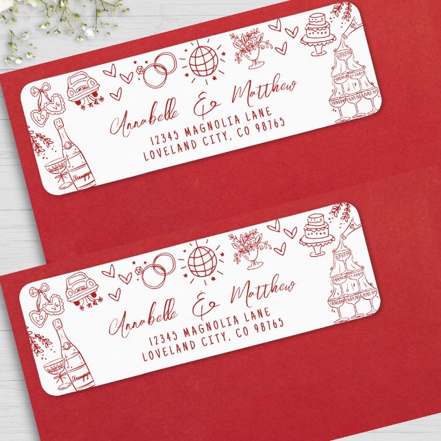 Hand Drawn Whimsical Red Wedding Return Address (Hand Drawn Whimsical Red Wedding Return Address label)