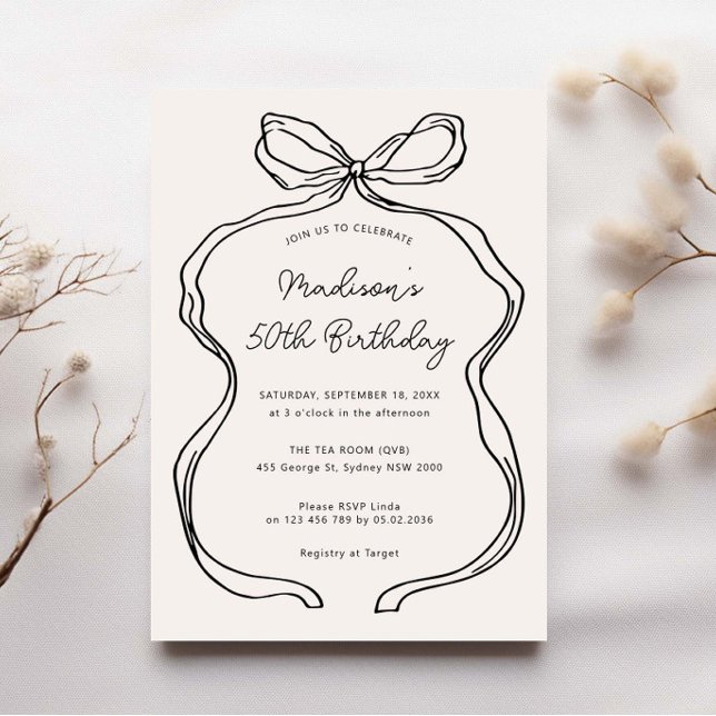 Hand Drawn Whimsical Ribbon 50th birthday party Invitation (Creator Uploaded)