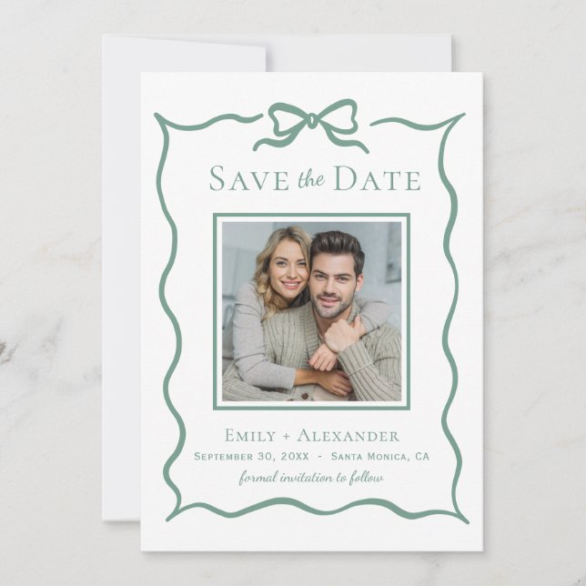 Hand Drawn Whimsical Sage Green Wedding Bow Photo Save The Date (Front)