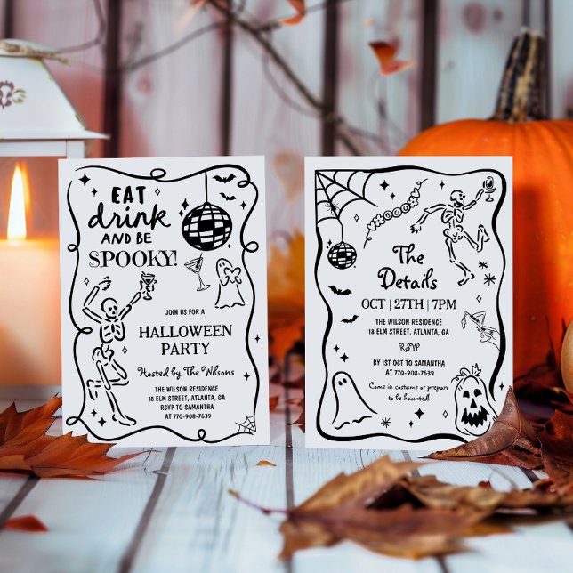 Hand Drawn Whimsical Skeleton Spooky Halloween Invitation (Creator Uploaded)