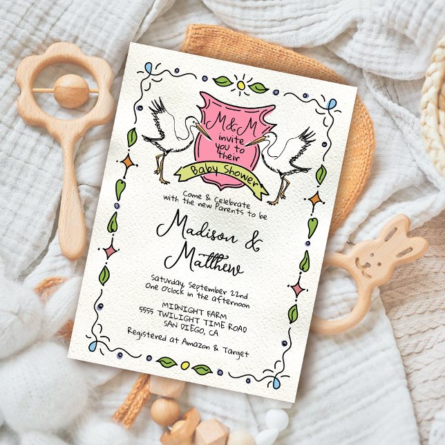 Hand Drawn Whimsical Stork Crest Baby Shower Invitation (Creator Uploaded)