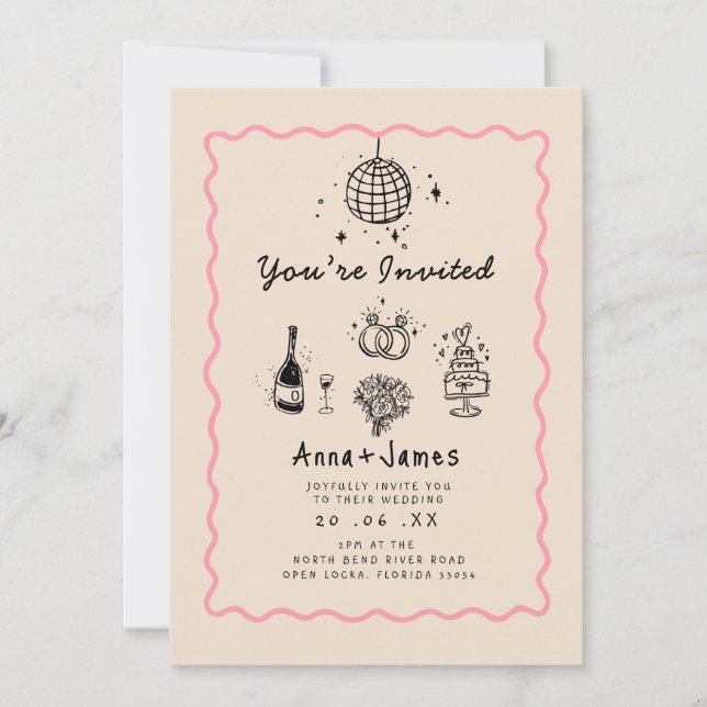  hand drawn whimsical trendy funky wedding invitation (Front)