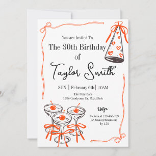 Hand Drawn Whimsical Vintage 30th birthday Martini Invitation