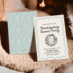 Hand Drawn Whimsy Blue Thanksgiving Dinner Invite