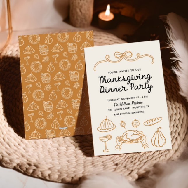Hand Drawn Whimsy Bow Thanksgiving Dinner Invite (Creator Uploaded)