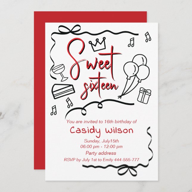 Hand drawn whimsy playful princess sweet 16 invitation (Front/Back)