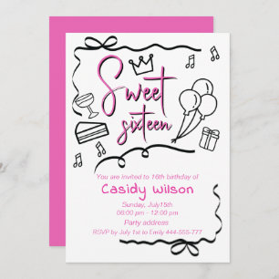 Hand drawn whimsy playful princess sweet 16 invitation