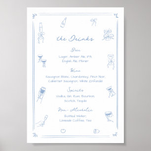 Hand Drawn White and Blue Bar Drink Menu Poster