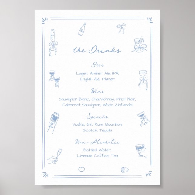 Hand Drawn White and Blue Bar Drink Menu Poster (Front)