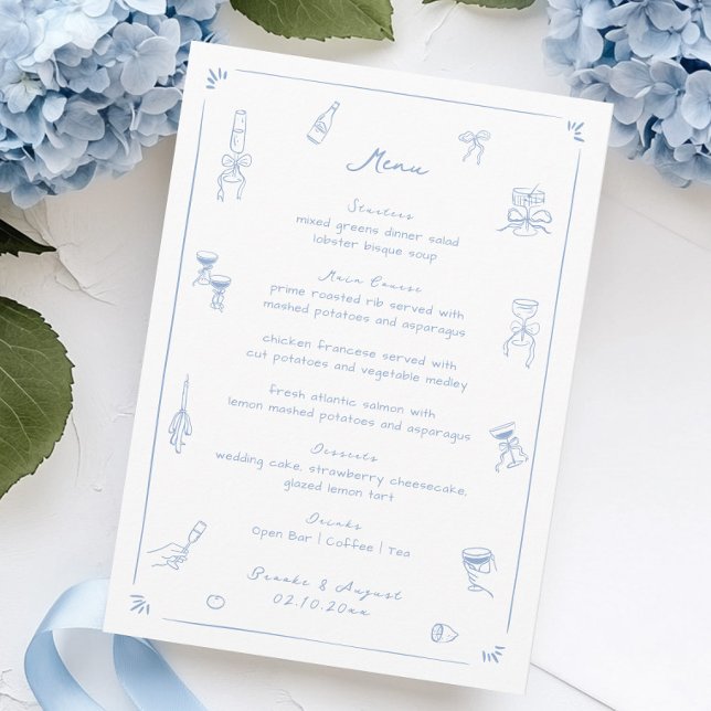Hand Drawn White and Blue Wedding Menu (Creator Uploaded)