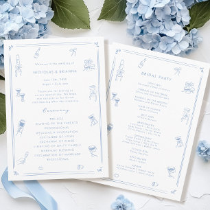 Hand Drawn White and Dusty Blue Wedding Programme