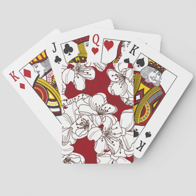 Hand Drawn White Apple Blossom Flowers on Red Playing Cards (Back)