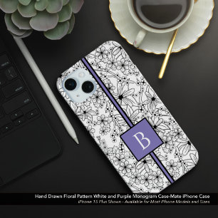 Hand Drawn White Floral Pattern Purple Monogram iPhone 15 Mini Case