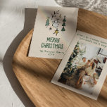 Hand Drawn White Green Snowman Christmas Trees Holiday Card<br><div class="desc">If you are looking for a simple minimalist beautiful and easy editable Christmas card. This one is perfect for you. And as you see the design features a green hand made and drawn Christmas trees, stars and white snowman, With green hand written typography of MERRY CHRISTMAS. . And your family...</div>