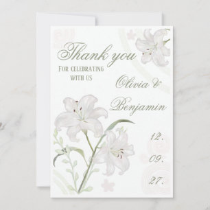 Hand drawn white lily wedding thank you card 
