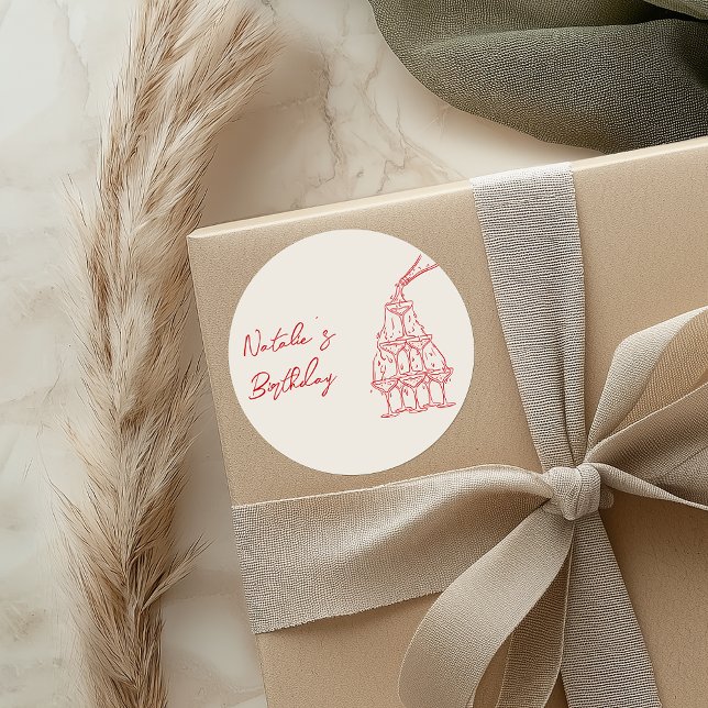 Hand Drawn White Red Champagne Tower Birthday  Classic Round Sticker (Creator Uploaded)