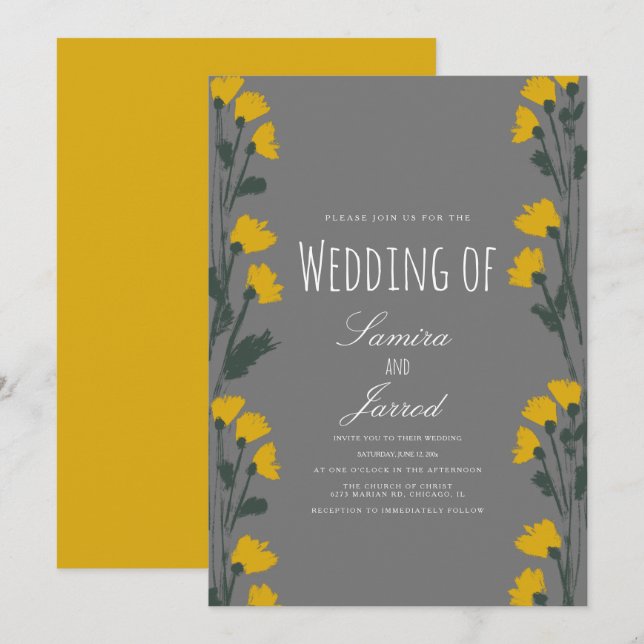 Hand-Drawn Wild Floral Botanical Yellow Wedding Invitation (Front/Back)