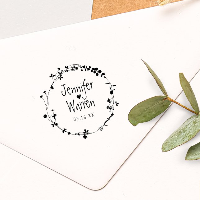 Hand Drawn Wildflower Wreath Personalised Wedding Rubber Stamp (Hand Drawn Wildflower Wreath Personalized Wedding Rubber Stamp)
