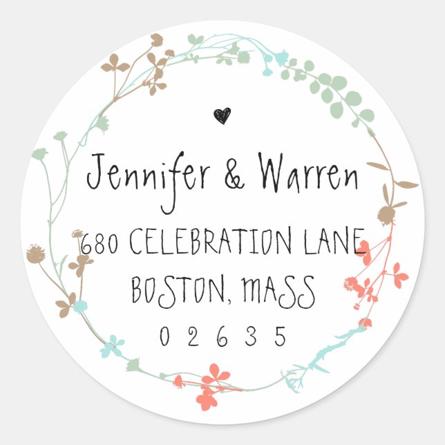 Hand Drawn Wildflower Wreath Return Address Classic Round Sticker (Front)
