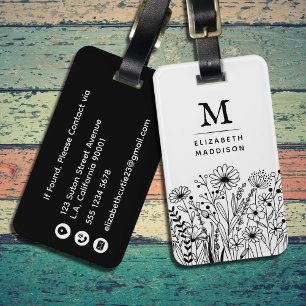 Hand Drawn Wildflowers Black & White Monogrammed Luggage Tag