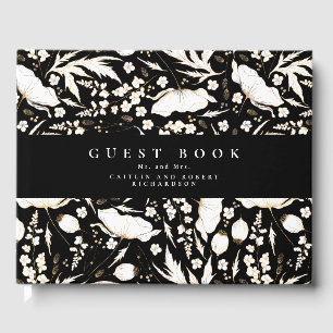 Hand-drawn Wildflowers Elegant Black Wedding Guest Book