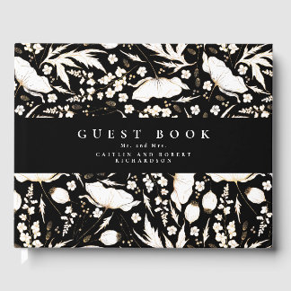 Hand-drawn Wildflowers Elegant Black Wedding Guest Book