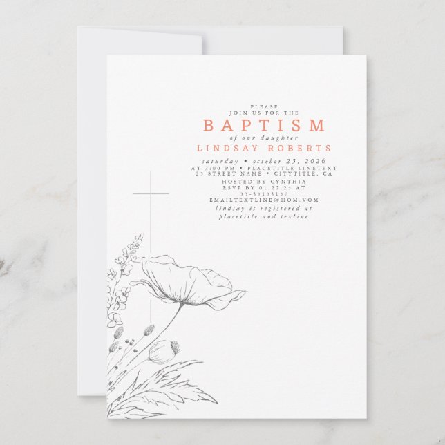 Hand-drawn Wildflowers Elegant Peach Colour Baptis Invitation (Front)