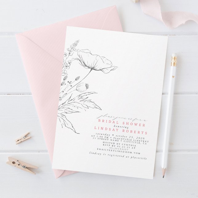 Hand-drawn Wildflowers Elegant Pink Bridal Shower Invitation (Creator Uploaded)