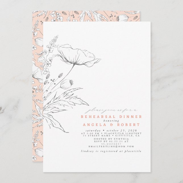 Hand-drawn Wildflowers Elegant Rehearsal Dinner Invitation (Front/Back)
