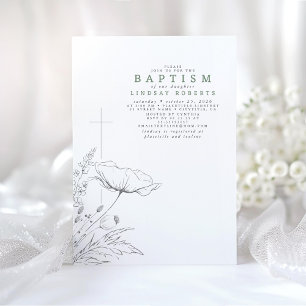 Hand-drawn Wildflowers Elegant Sage Green Baptism Invitation