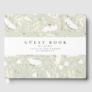 Hand-drawn Wildflowers Elegant Sage Green Wedding Guest Book