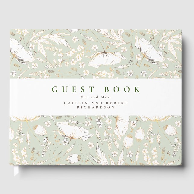 Hand-drawn Wildflowers Elegant Sage Green Wedding Guest Book (Front)