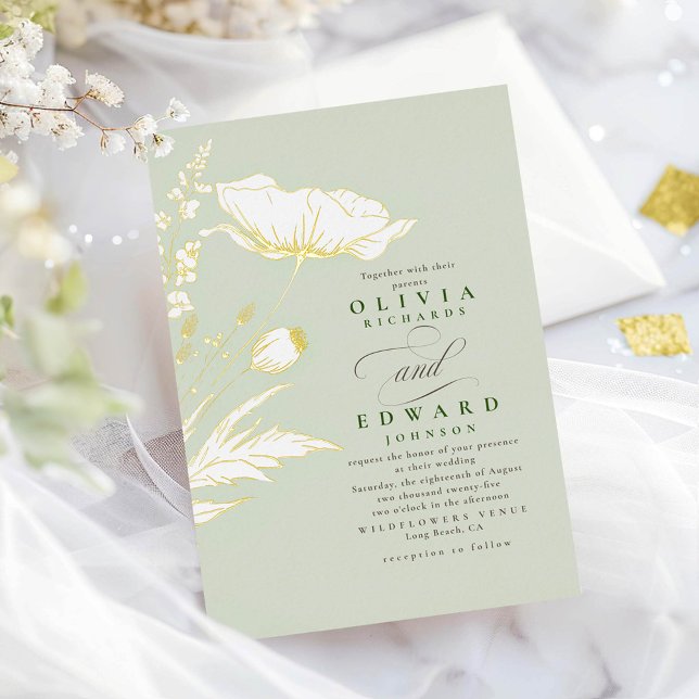 Hand-drawn Wildflowers Elegant Sage Wedding (Gold Foil Wildflowers Sage Wedding Invitations)