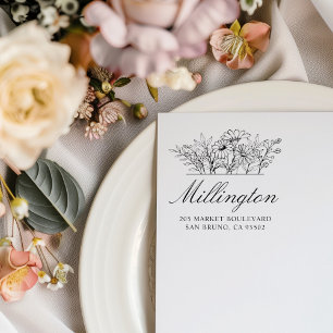 Hand-drawn Wildflowers Family Name Return Address Rubber Stamp