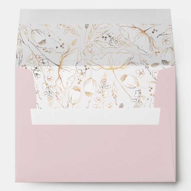 Hand-Drawn Wildflowers Gold and Dusty Pink Wedding Envelope (Back (Bottom))