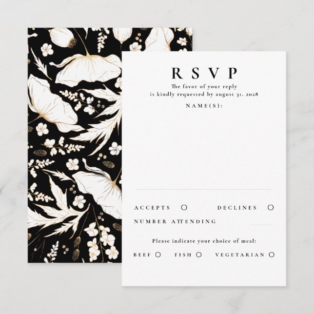 Hand-drawn Wildflowers Gold Wedding RSVP Card (Front/Back)