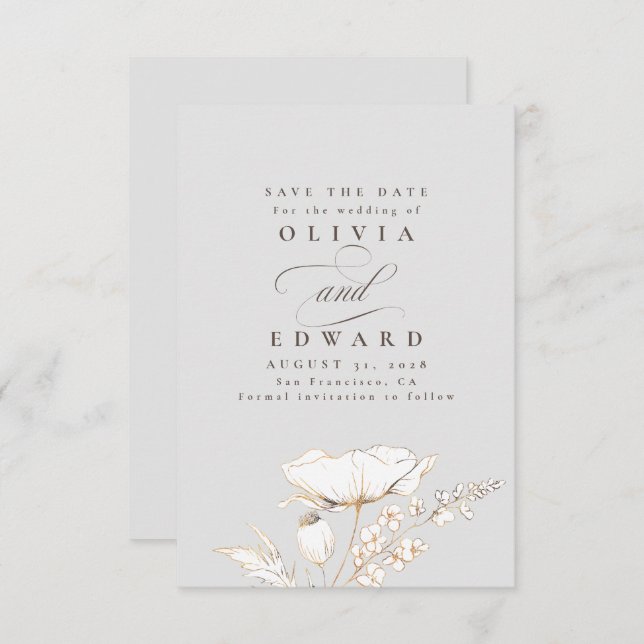 Hand-drawn Wildflowers Light Grey Save the Date (Front/Back)