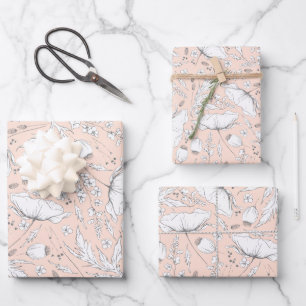 Hand-drawn Wildflowers Pencil Sketch Pattern Peach Wrapping Paper Sheet