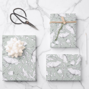 Hand-drawn Wildflowers Pencil Sketch Pattern Sage Wrapping Paper Sheet