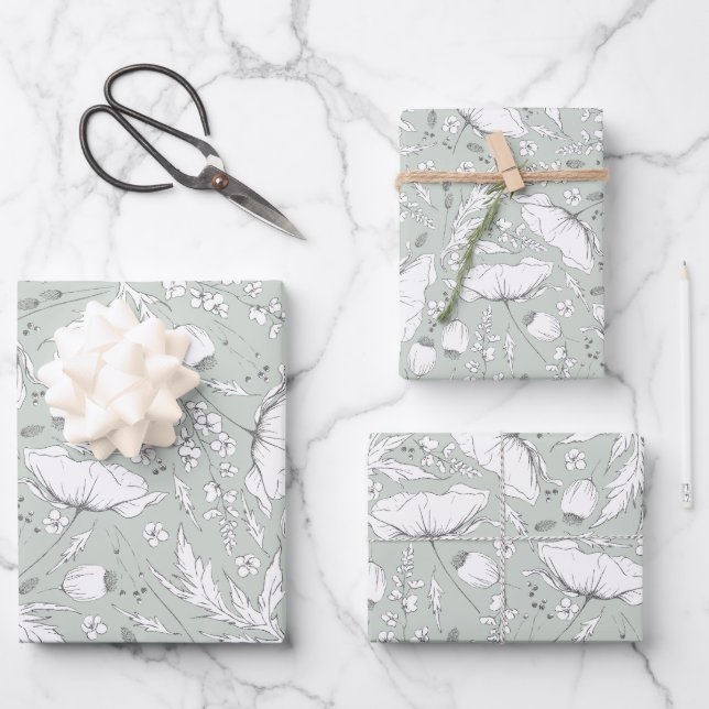 Hand-drawn Wildflowers Pencil Sketch Pattern Sage Wrapping Paper Sheet (Front)