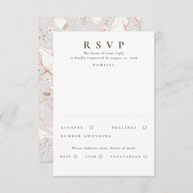Hand-drawn Wildflowers Rose Gold Wedding RSVP (Front/Back)