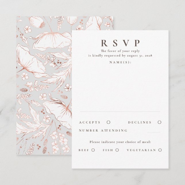 Hand-drawn Wildflowers Rose Gold Wedding RSVP Card (Front/Back)