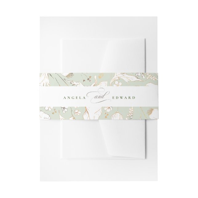 Hand-drawn Wildflowers Sage Green Elegant Wedding Invitation Belly Band (Front Example)