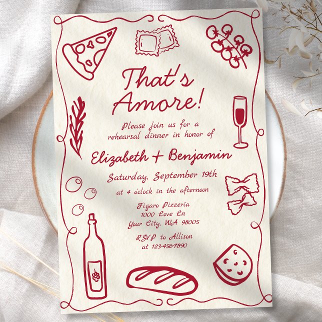 Hand Drawn Wine Red Retro Italian Rehearsal Dinner Invitation (Creator Uploaded)