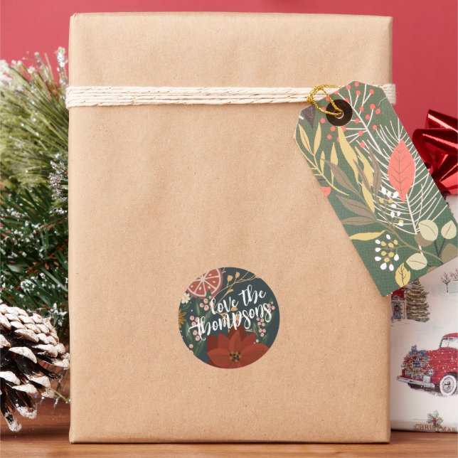 Hand-drawn Winter Florals & Oranges Classic Round Sticker (Holiday)