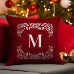 Hand Drawn Winter Foliage Monogram Christmas Cushion<br><div class="desc">This monogram Christmas throw pillow features hand drawn white winter foliage that frames the monogram. The monogram and frame appear in white on a dark red background.</div>