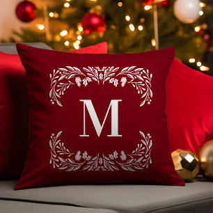 Hand Drawn Winter Foliage Monogram Christmas Cushion