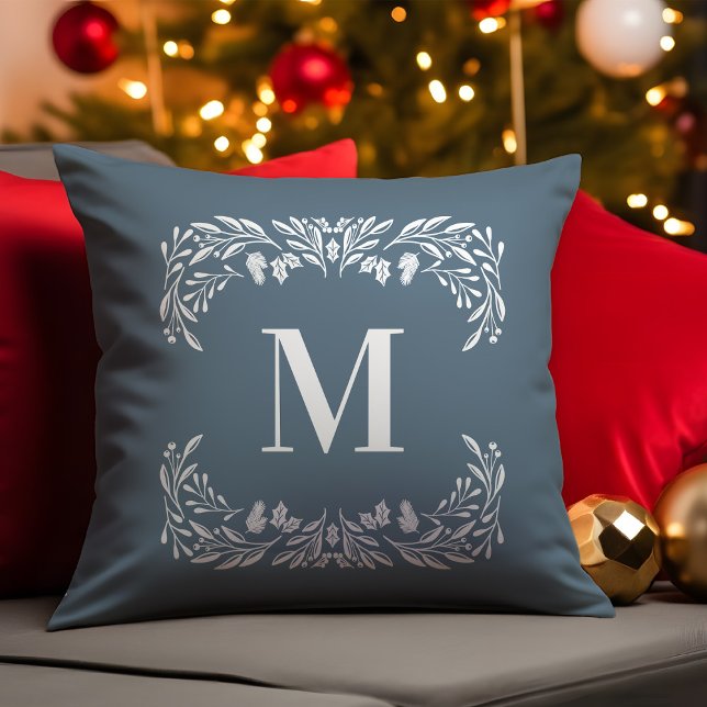 Hand Drawn Winter Foliage Monogram Christmas Cushion (Creator Uploaded)