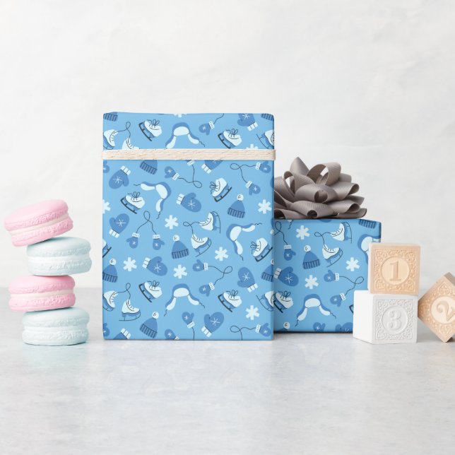 Hand Drawn Winter Pattern Blue Wrapping Paper Roll (Baby Shower)